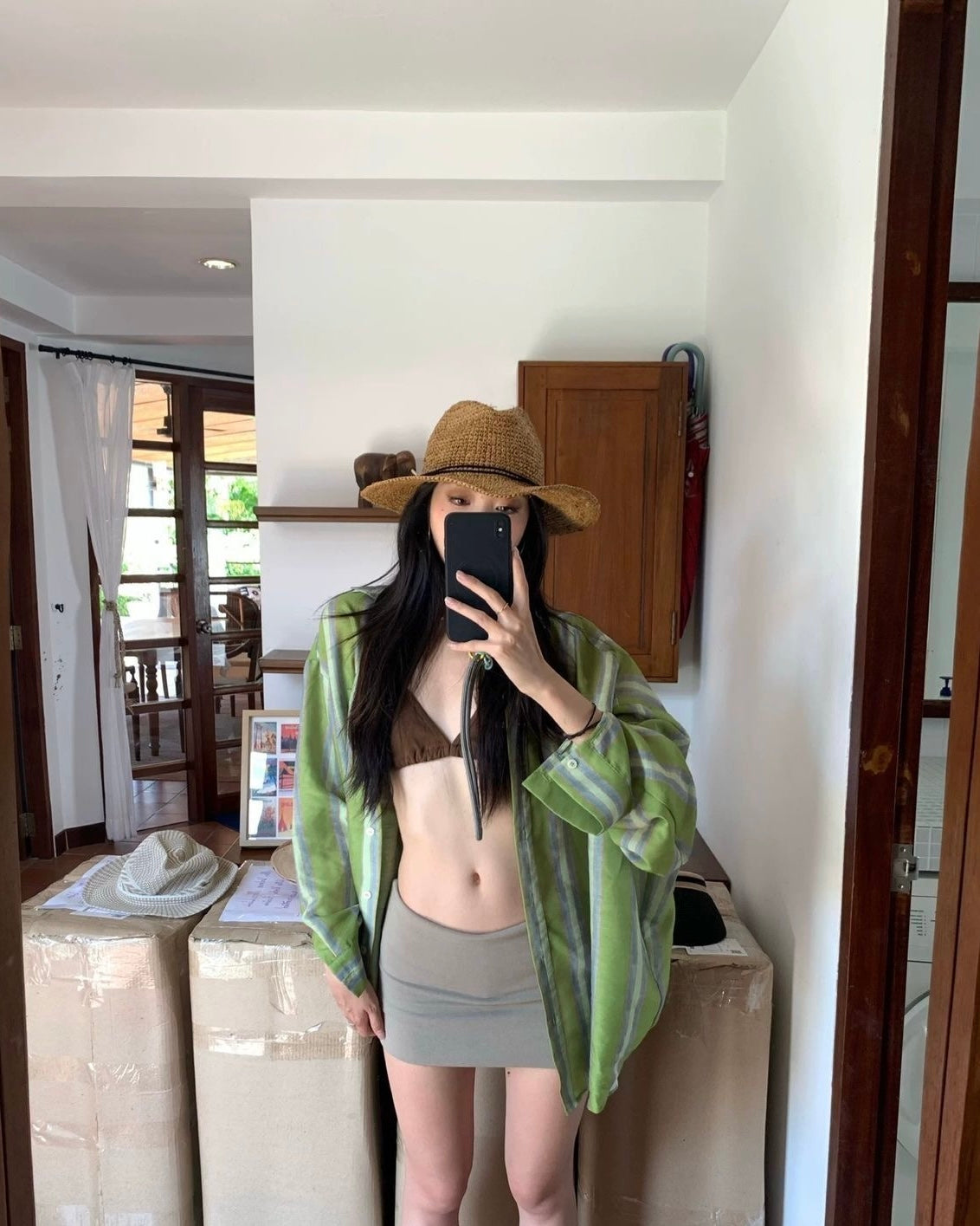 Bikini + Skirt + Green Shirt BK54 Four Piece Set