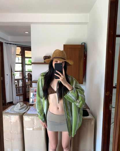 Bikini + Skirt + Green Shirt BK54 Four Piece Set