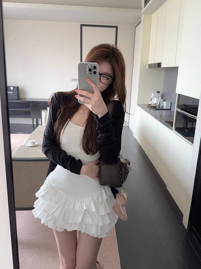 Sleeveless Cakey Bottom Dress (White, Black) S