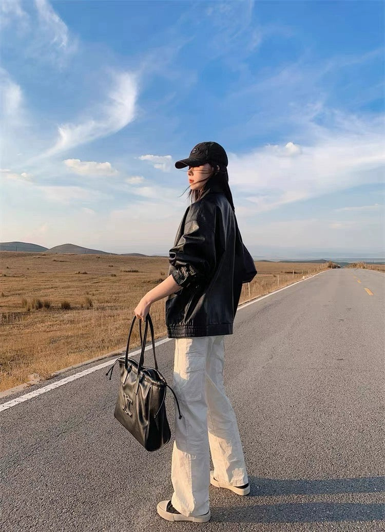 Thin PU Leather Oversize Jacket (Brown)
