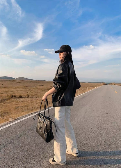 Thin PU Leather Oversize Jacket (Brown)