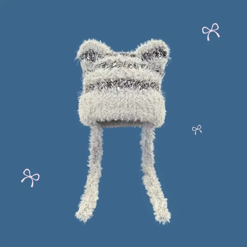 Fuzzy Knitted Ribbon Kitty Hat