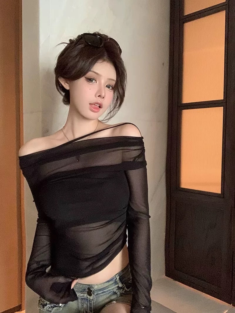 Mesh Off Side Shoulder Long Sleeve Top with tube