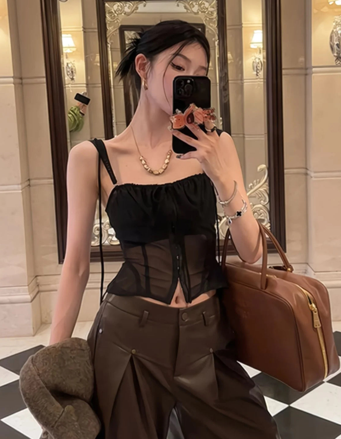 Strap Mesh Top (Black, Wine Red)