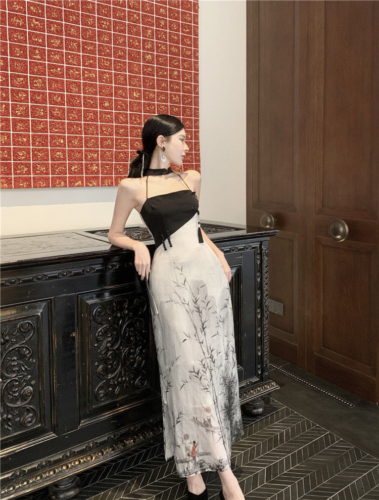 Black &amp; White Cheongsam Long Dress (S, M)