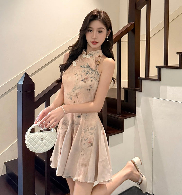 Sleeveless Beige Cheongsam Dress (S)