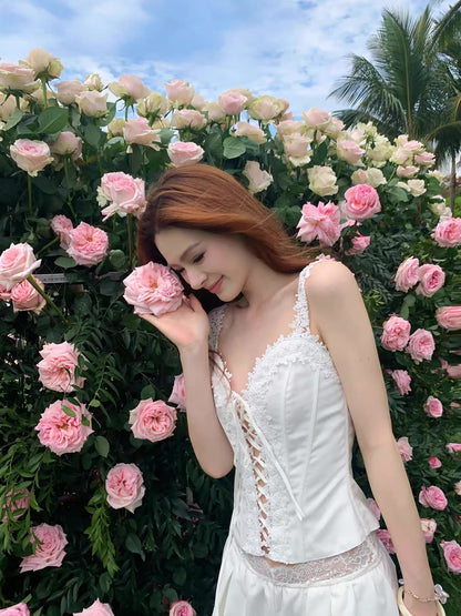 White Lace Up Strap Top