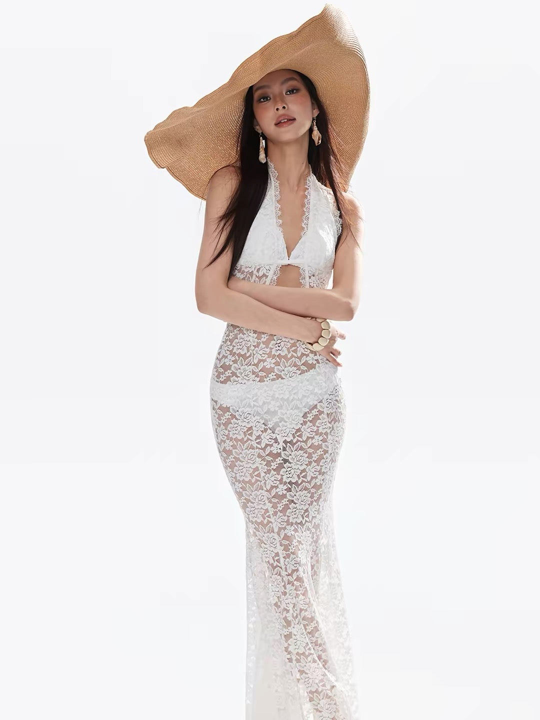 White Bikini BK16 Laces Dress Three Piece Set