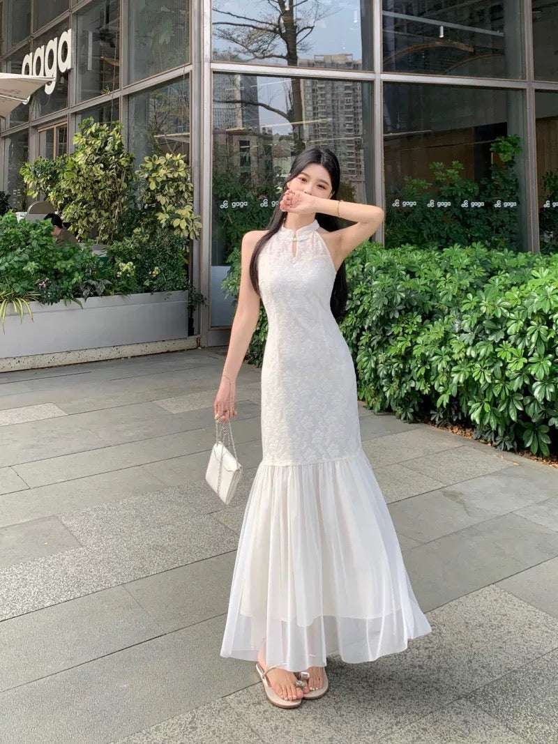 Beige Cheongsam CD022 Long Dress With Cardigan (S, M)