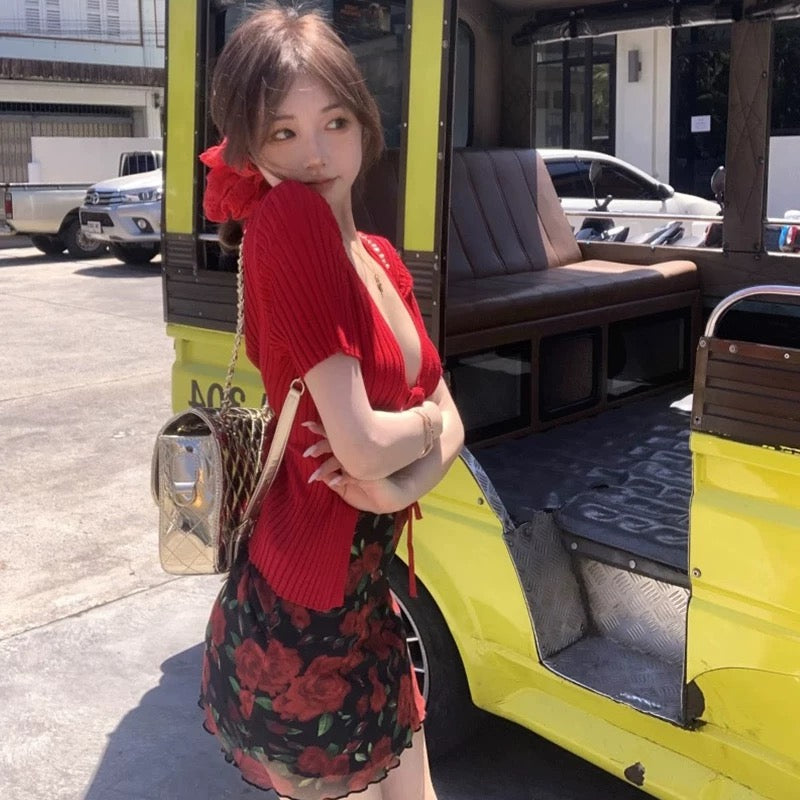 Red Short Sleeve Knitted Cardigan