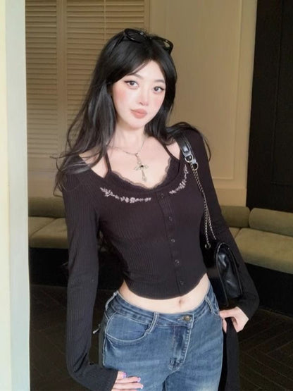 Knitted Long Sleeve Top with strap (Black, Red)