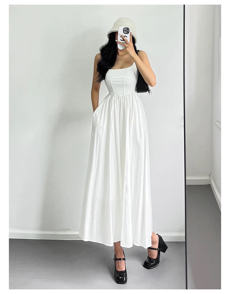 U Collar Strap Long Dress