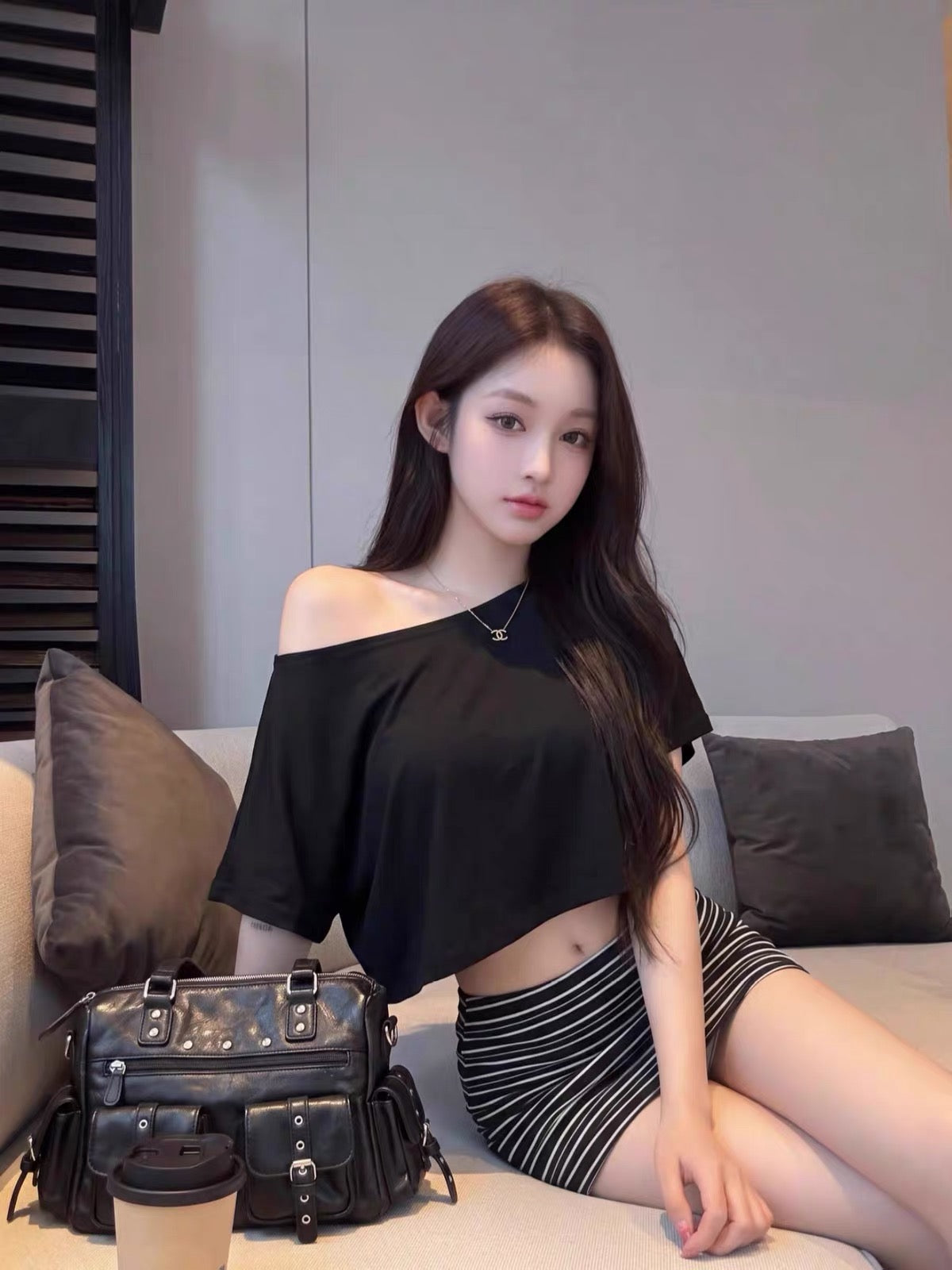 Black Top + Stripe Shorts Skirt Set