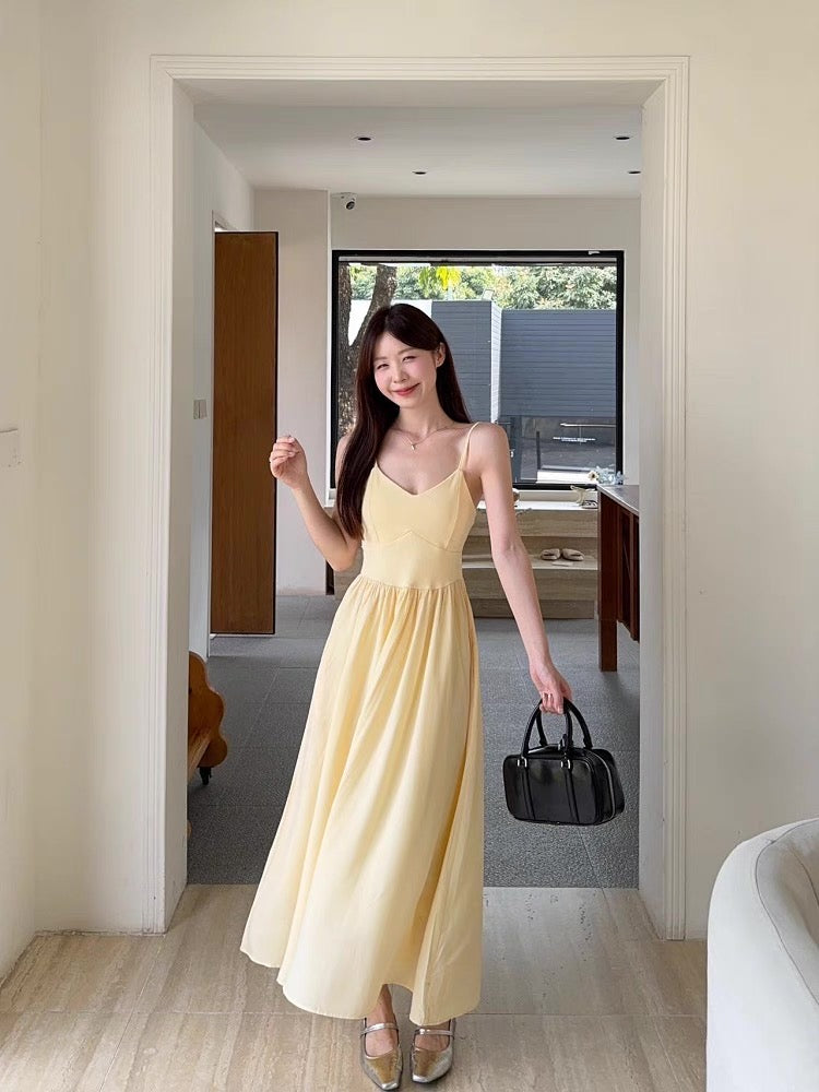 V Collar  Strap Long Dress (Yellow, White)