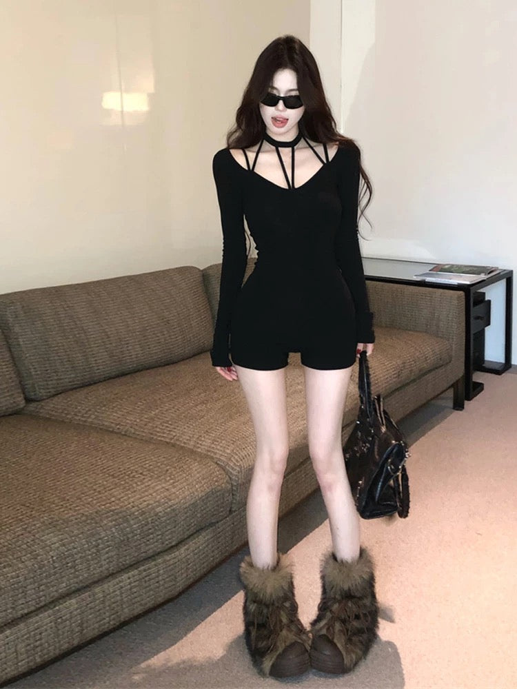 Black Halter Collar Long Sleeve Romper