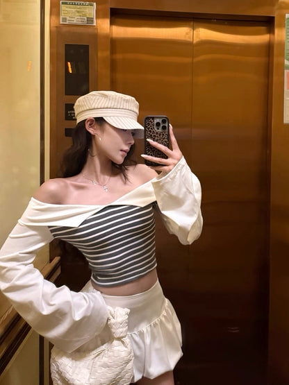 Stripe Long Sleeve Off Shoulder Top