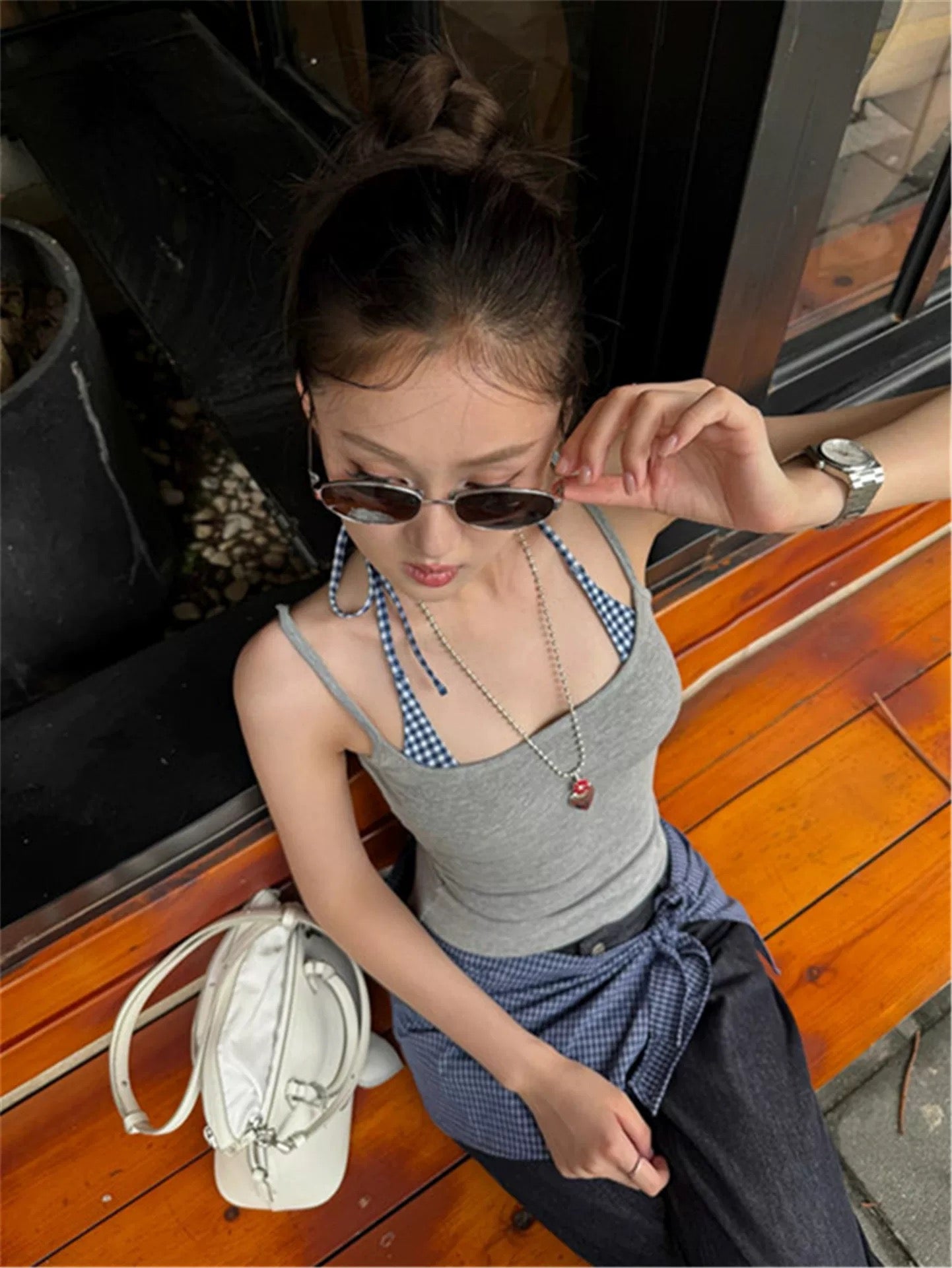 Grey Blue Strap Top