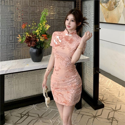 Pink Velvet Cheongsam CD003 Short Dress (S)