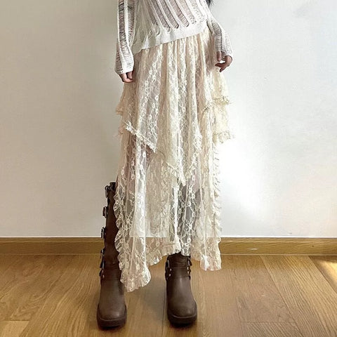 Unequal Beige Lacey Skirt