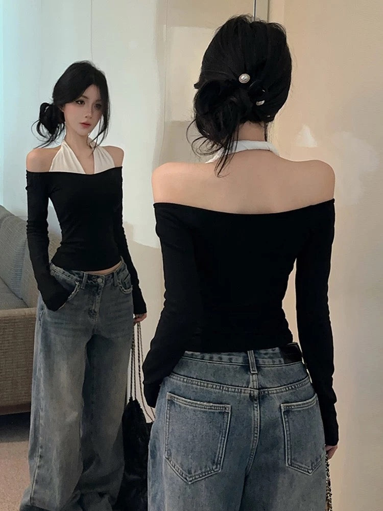 White Collar Black Long Sleeve Top