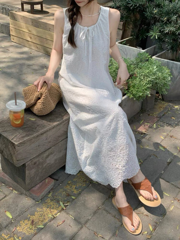 U Collar Embroidery Long Dress (Beige, White)