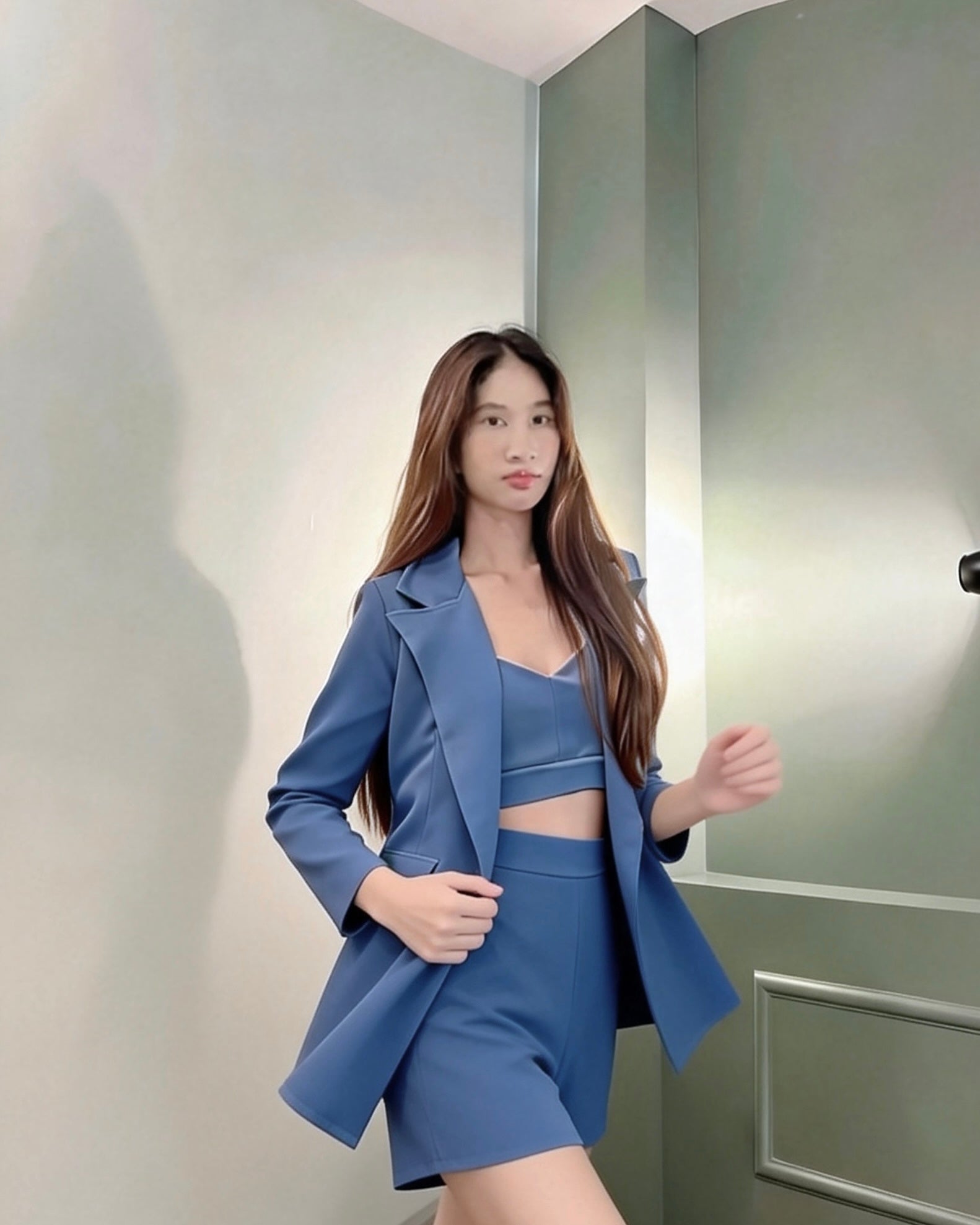 Top + Cardigan + Short Three Piece Set (Blue, Black)
