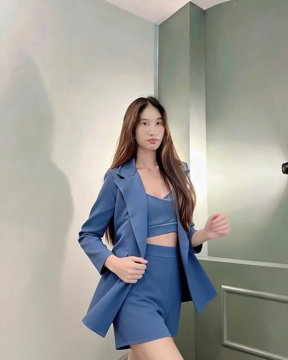 Top + Cardigan + Short Three Piece Set (Blue, Black)