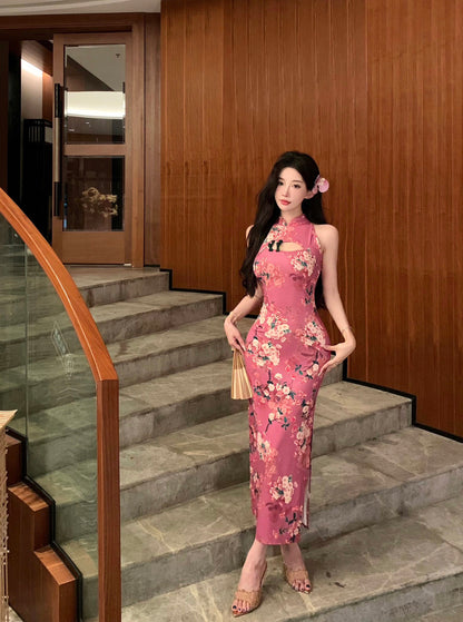 Floral pink Halter Collar Cheongsam Long Dress (S, M)