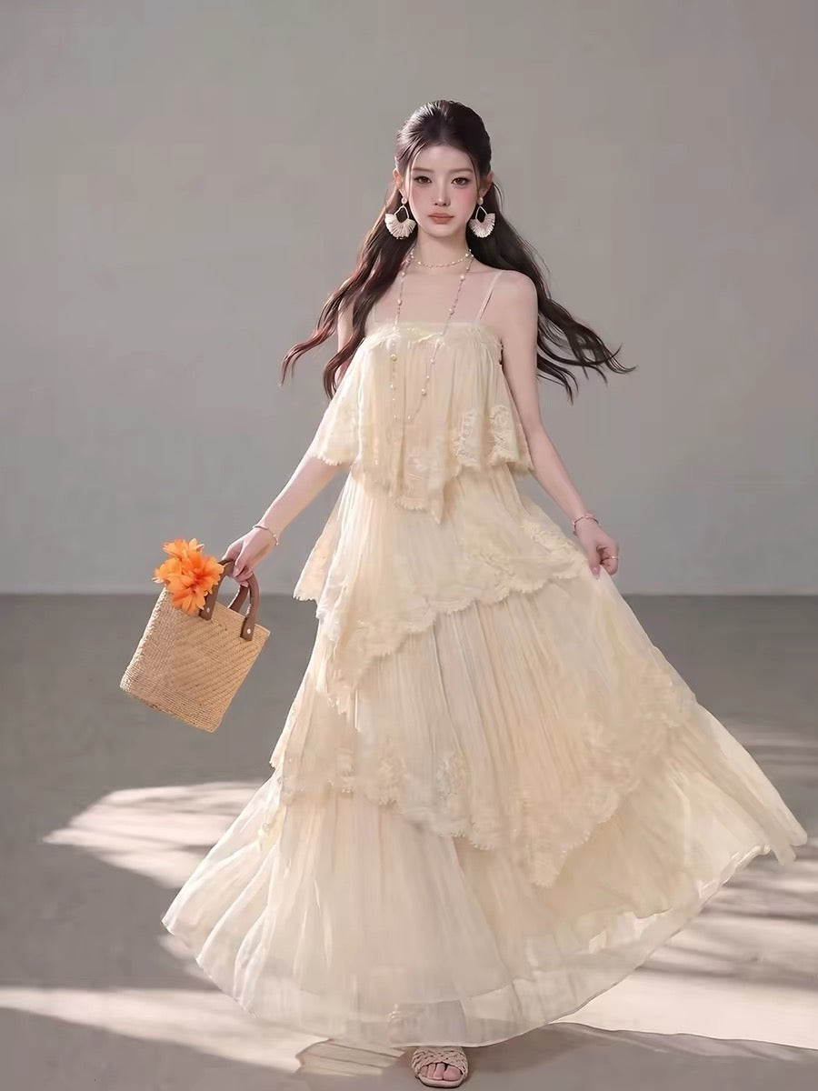 Chiffon Mix Lace Thin Bareback Long Dress