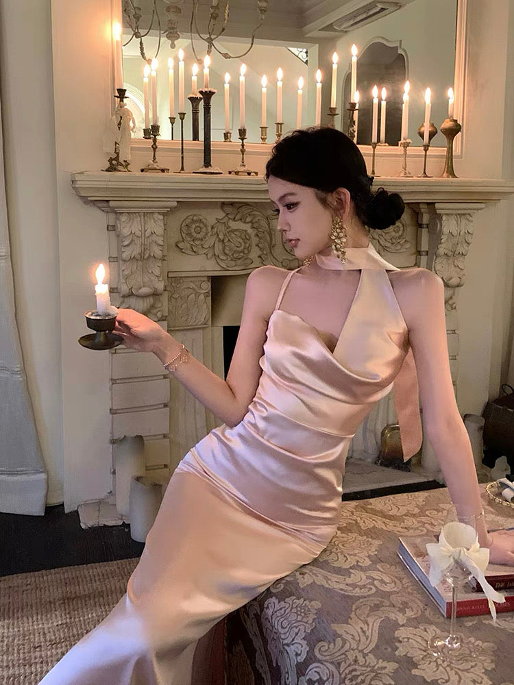 Silky Champagne Side Collae Long Dress (S)