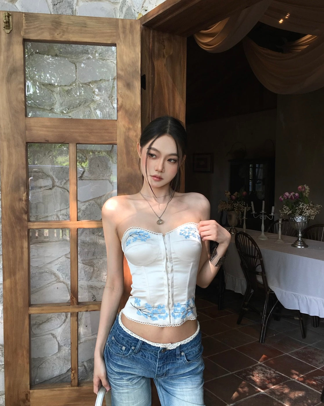 Blue Flo Silk Cream Tube Top