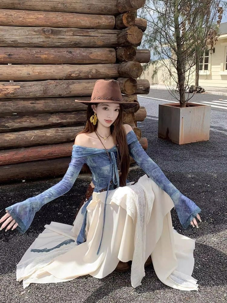 Creamy Unequal Mix Lace Long Skirt