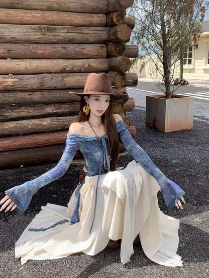 Creamy Unequal Mix Lace Long Skirt