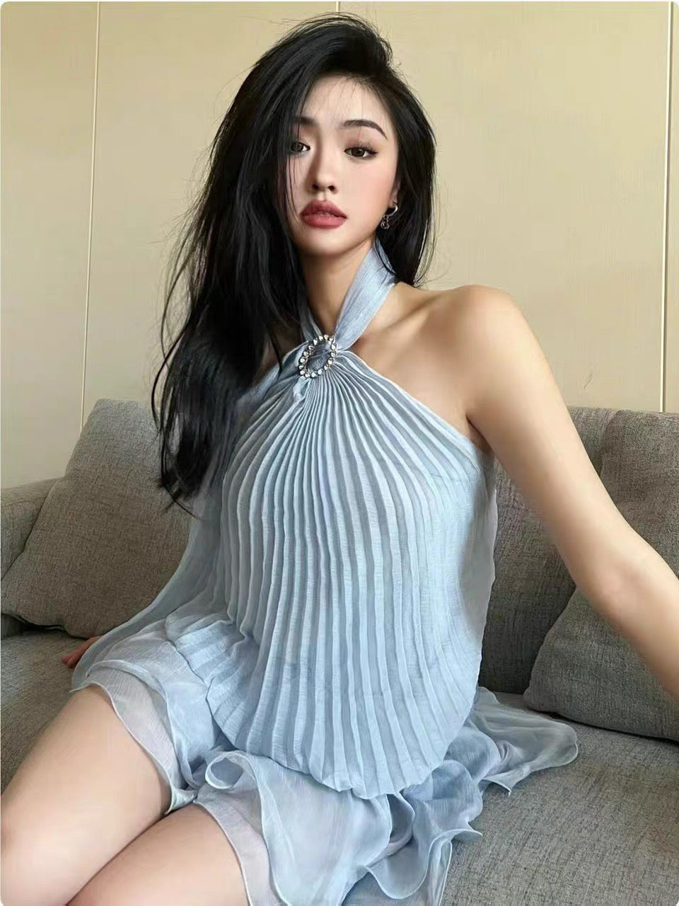 Chiffon Blue Pleated Dress