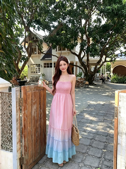 Ombre Pink Bareback Maxi Long Dress