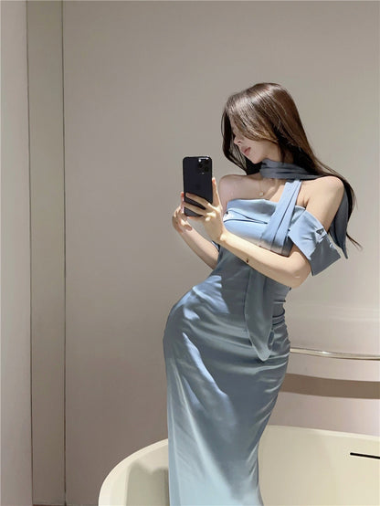 Silky Blue Tube Long Dress (S, M)