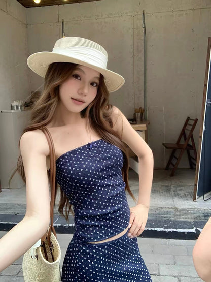 Navy Tube Top + Midi Skirt Two Piece Set