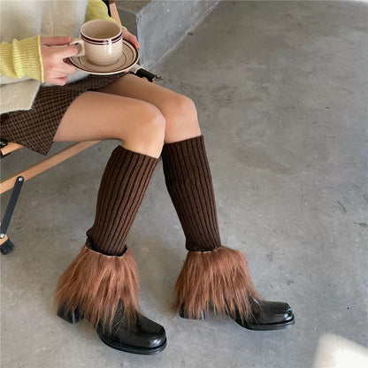 S018 Colour Bottom Furry Midi Socks