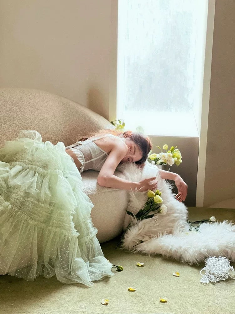 White Bra Top + Green Mesh Skirt Two Piece Set