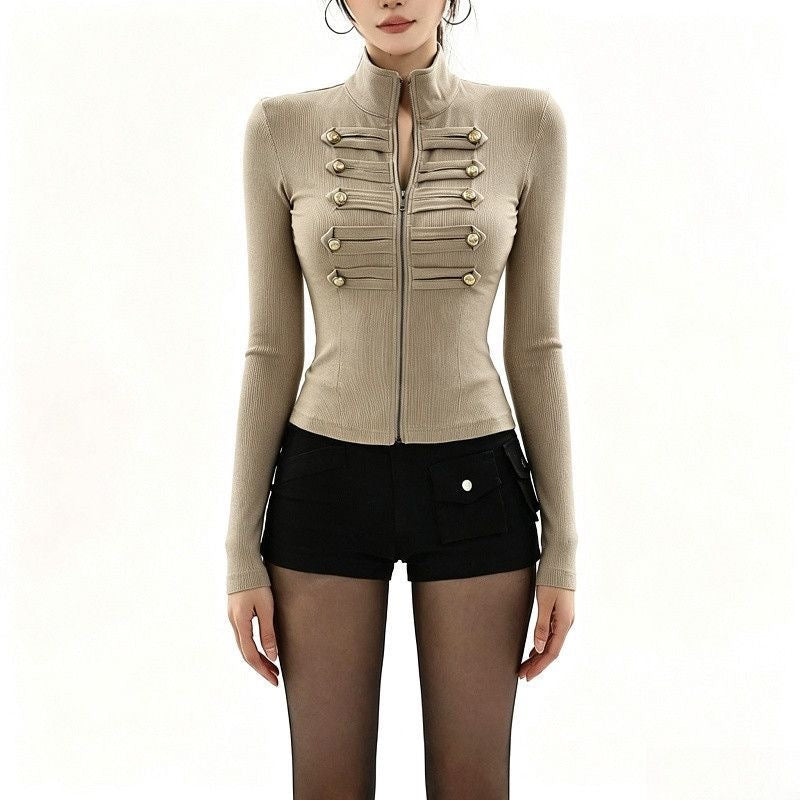 Button Long Sleeve Slim Fit Jacket (Black, Khaki)