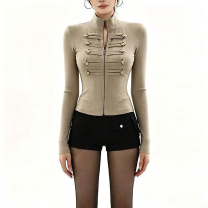 Button Long Sleeve Slim Fit Jacket (Black, Khaki)