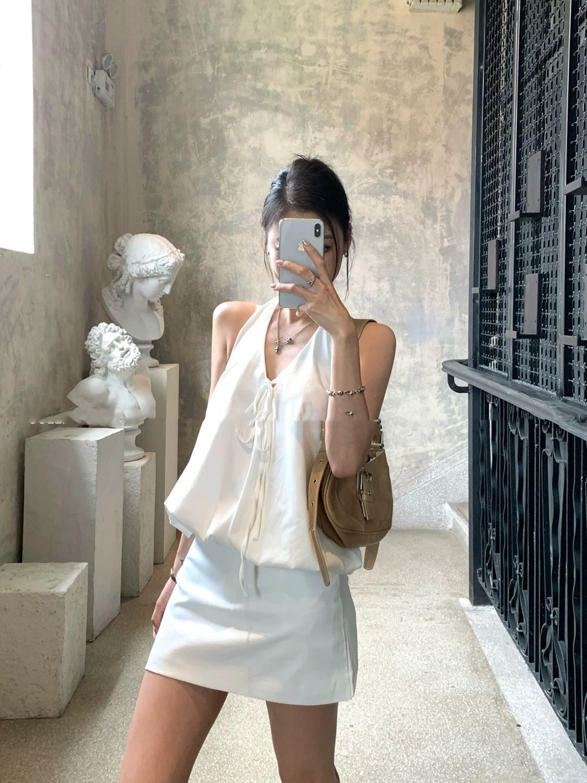 White Round Neck Top + Skort Skirt