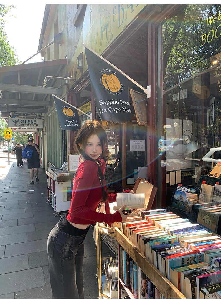 Knitted Long Sleeve Top with strap (Black, Red)