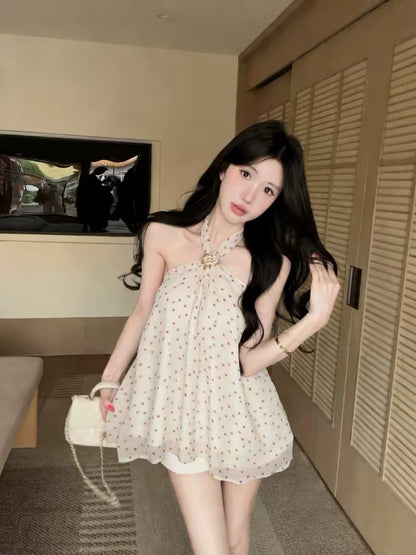 Polka Dot Round Neck Chiffon Long Top