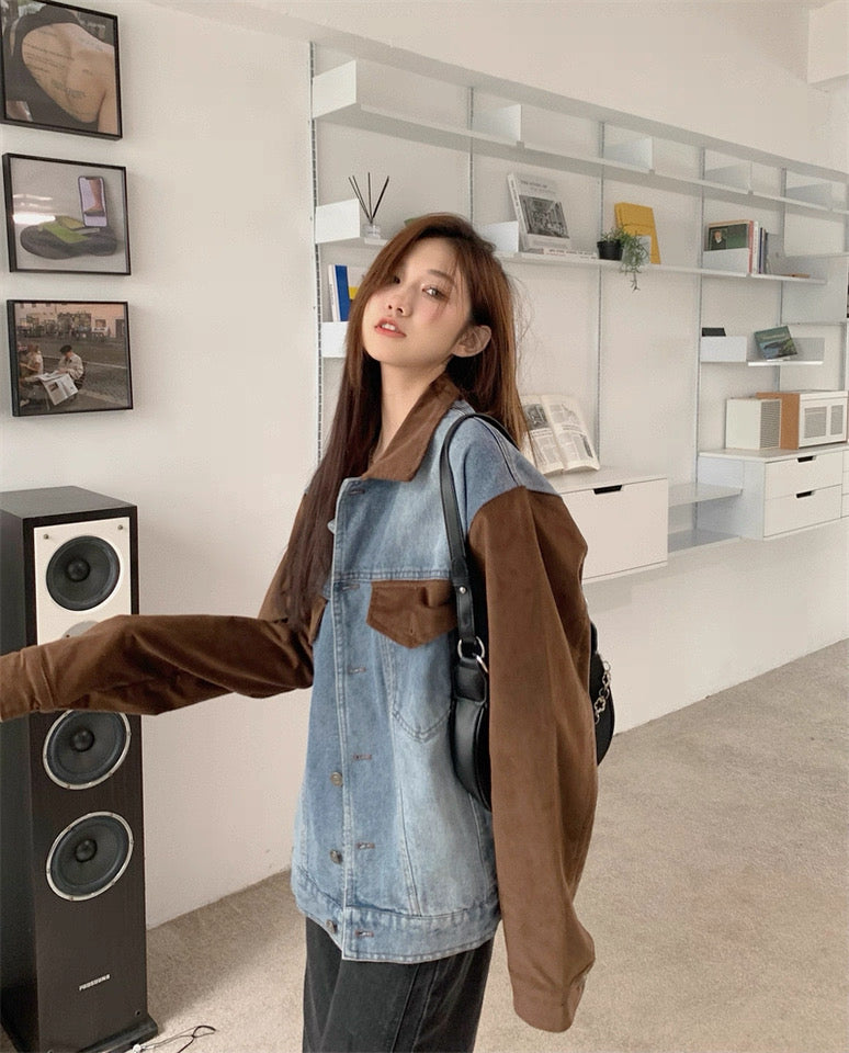 Denim Mix Brown Collar Sleeve Jacket