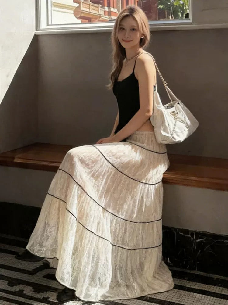 White Laces Black Ribbon Long Skirt SK31