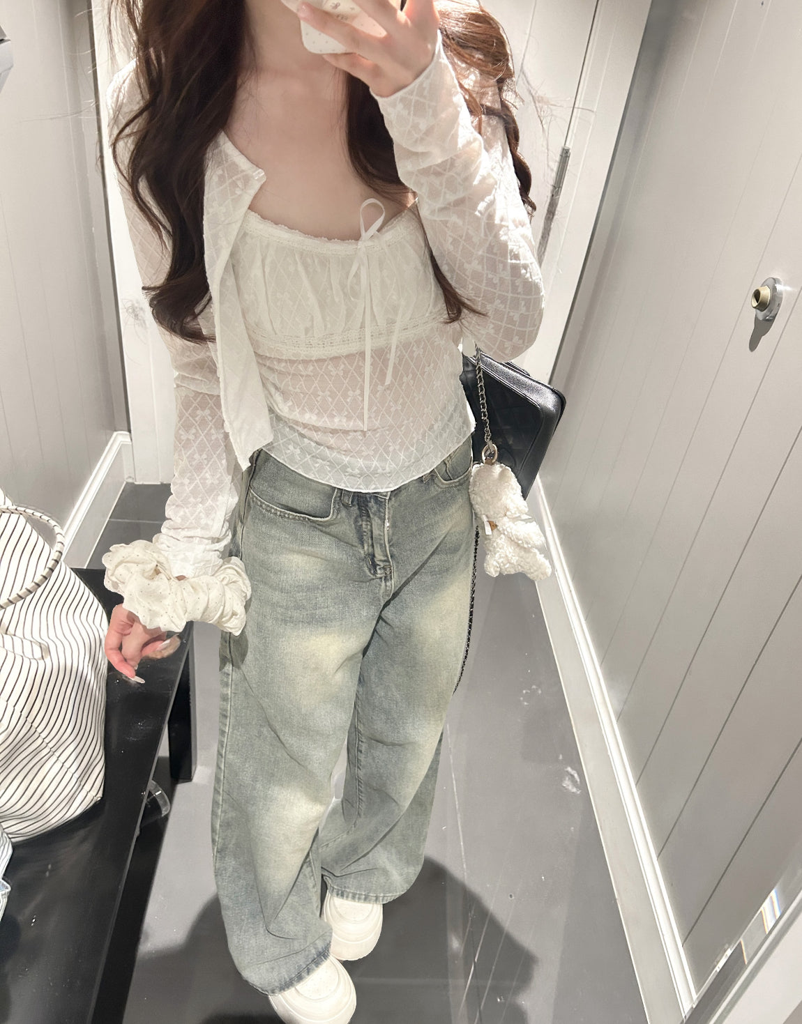 White Bows Top + Crop Cardigan Two Piece Set