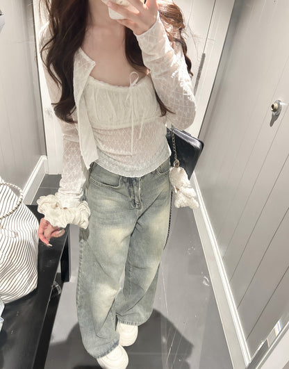 White Bows Top + Crop Cardigan Two Piece Set