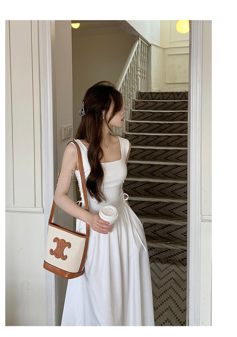 Side Tie Sleeveless White Long Dress