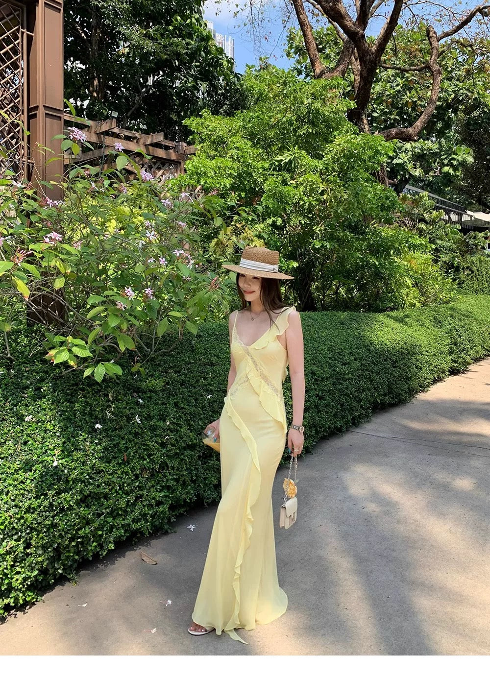 Side Flare Strap Mix Lace Long Dress (Yellow, Black)